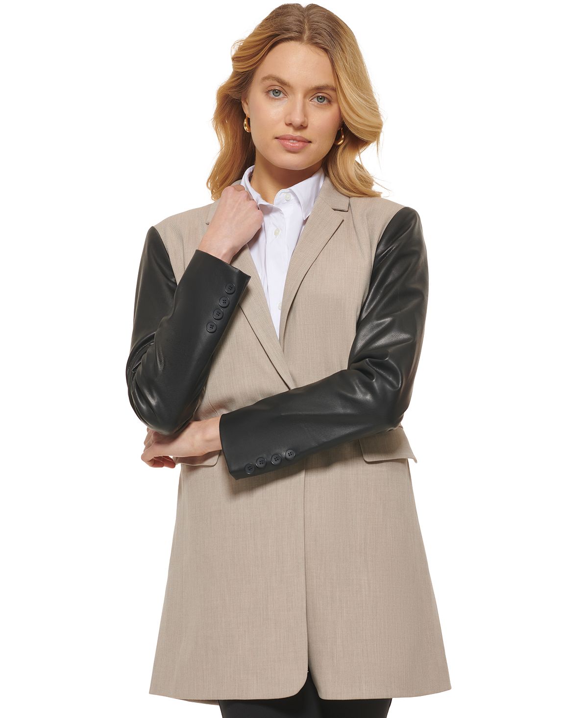 DKNY Women's Mixed Media Faux Leather Sleeve Jacket Brown Size Medium