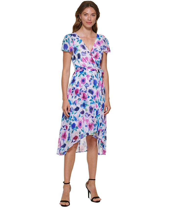 DKNY Women's Zippered Sheer Lined Floral Flutter Sleeve Surplice Neckline Midi Wear To Work Faux Wrap Dress White Size 14