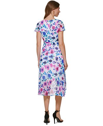 DKNY Women's Zippered Sheer Lined Floral Flutter Sleeve Surplice Neckline Midi Wear To Work Faux Wrap Dress White Size 14