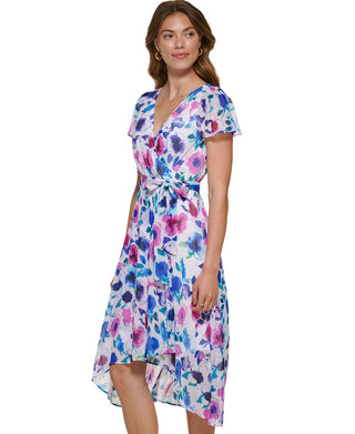 DKNY Women's Zippered Sheer Lined Floral Flutter Sleeve Surplice Neckline Midi Wear To Work Faux Wrap Dress White Size 14