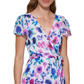 DKNY Women's Zippered Sheer Lined Floral Flutter Sleeve Surplice Neckline Midi Wear To Work Faux Wrap Dress White Size 14