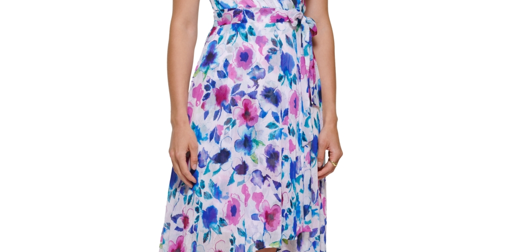 DKNY Women's Zippered Sheer Lined Floral Flutter Sleeve Surplice Neckline Midi Wear To Work Faux Wrap Dress White Size 14