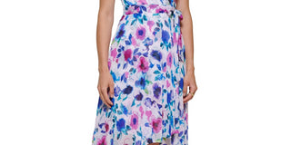 DKNY Women's Zippered Sheer Lined Floral Flutter Sleeve Surplice Neckline Midi Wear To Work Faux Wrap Dress White Size 14