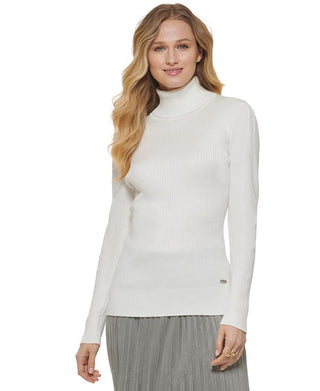 DKNY Women's Ribbed Solid Long Sleeve Turtleneck White Size Large