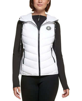 DKNY Women's Hooded Logo Puffer Vest White Size Medium