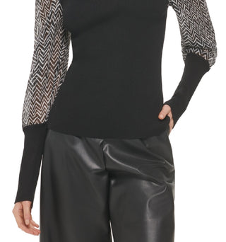 DKNY Women's Printed Mixed Media Long Sleeve Sweater Black Size Small