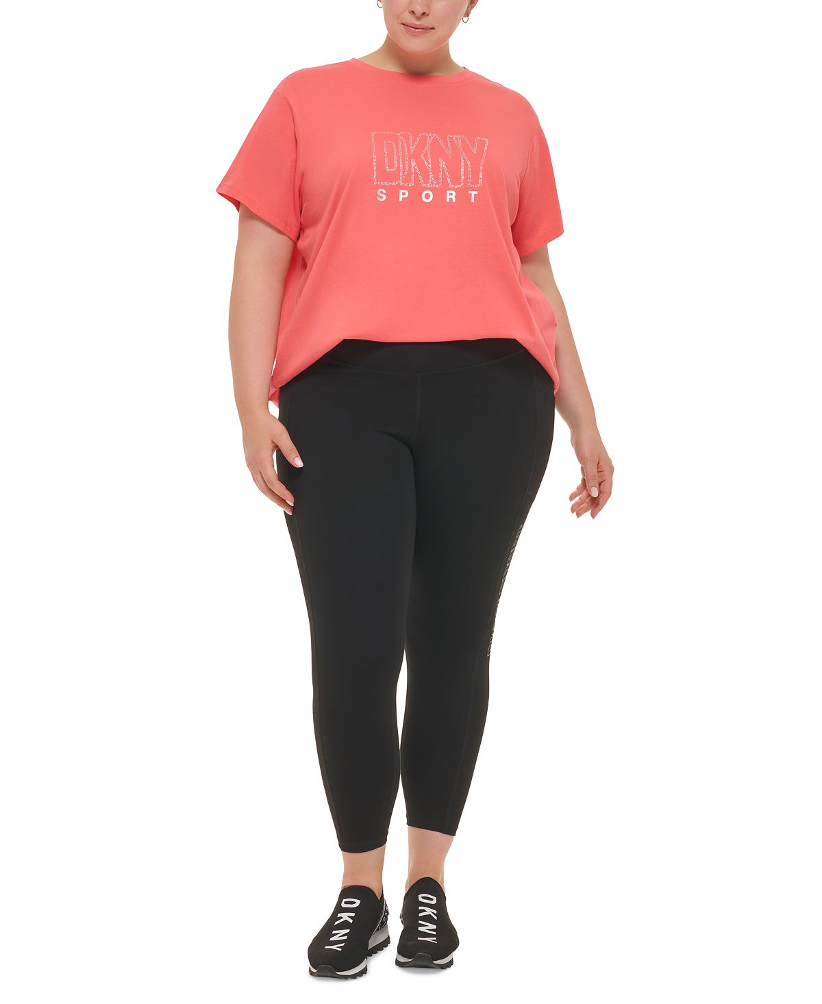 DKNY Women's Cotton Embellished Logo T Shirt Red Size 1X