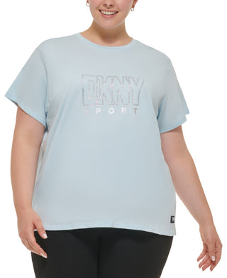 DKNY Women's Cotton Embellished Logo T-Shirt Blue Size 1X