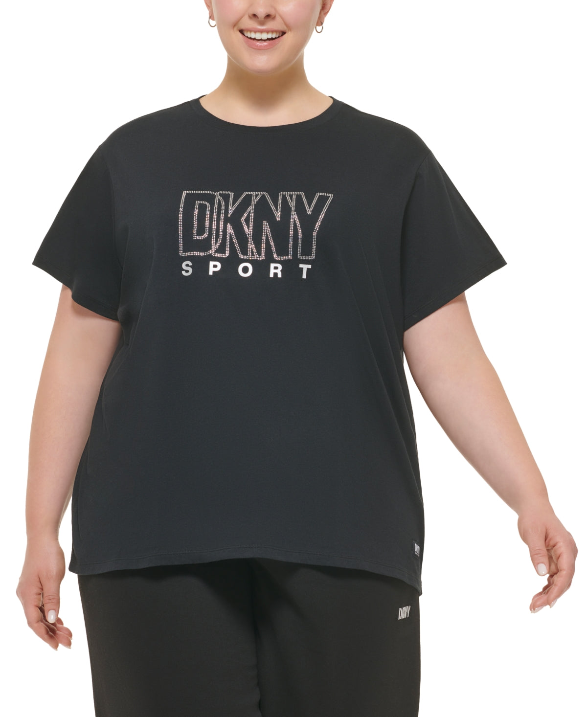 DKNY Women's Cotton Embellished Logo T Shirt Black Size 3X