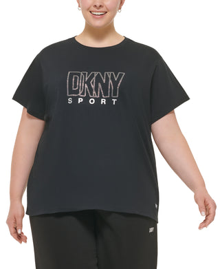 DKNY Women's Cotton Embellished Logo T Shirt Black Size 3X