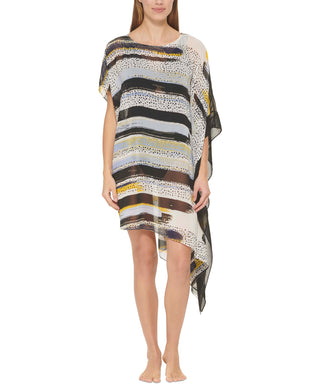 DKNY Women's Asymmetrical Chiffon Kaftan Swim Cover-Up  Swimsuit Blue Size SM