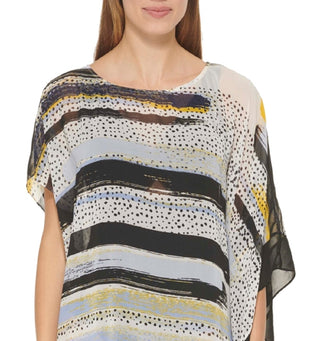 DKNY Women's Asymmetrical Chiffon Kaftan Swim Cover-Up  Swimsuit Blue Size SM