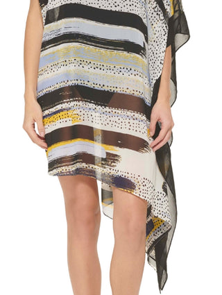 DKNY Women's Asymmetrical Chiffon Kaftan Swim Cover-Up  Swimsuit Blue Size SM