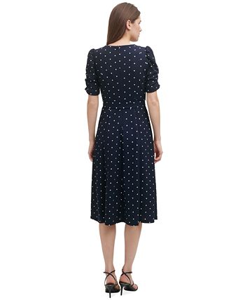 DKNY Women's Polka Dot Ruched Sleeve Midi Dress Blue Size 4Petite