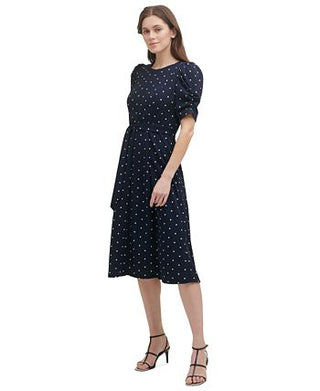 DKNY Women's Polka Dot Ruched Sleeve Midi Dress Blue Size 4Petite