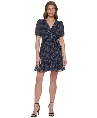 DKNY Women's Embroidered Faux Wrap Sheer Sleeve Dress Blue Size 2