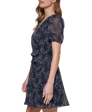 DKNY Women's Embroidered Faux Wrap Sheer Sleeve Dress Blue Size 2