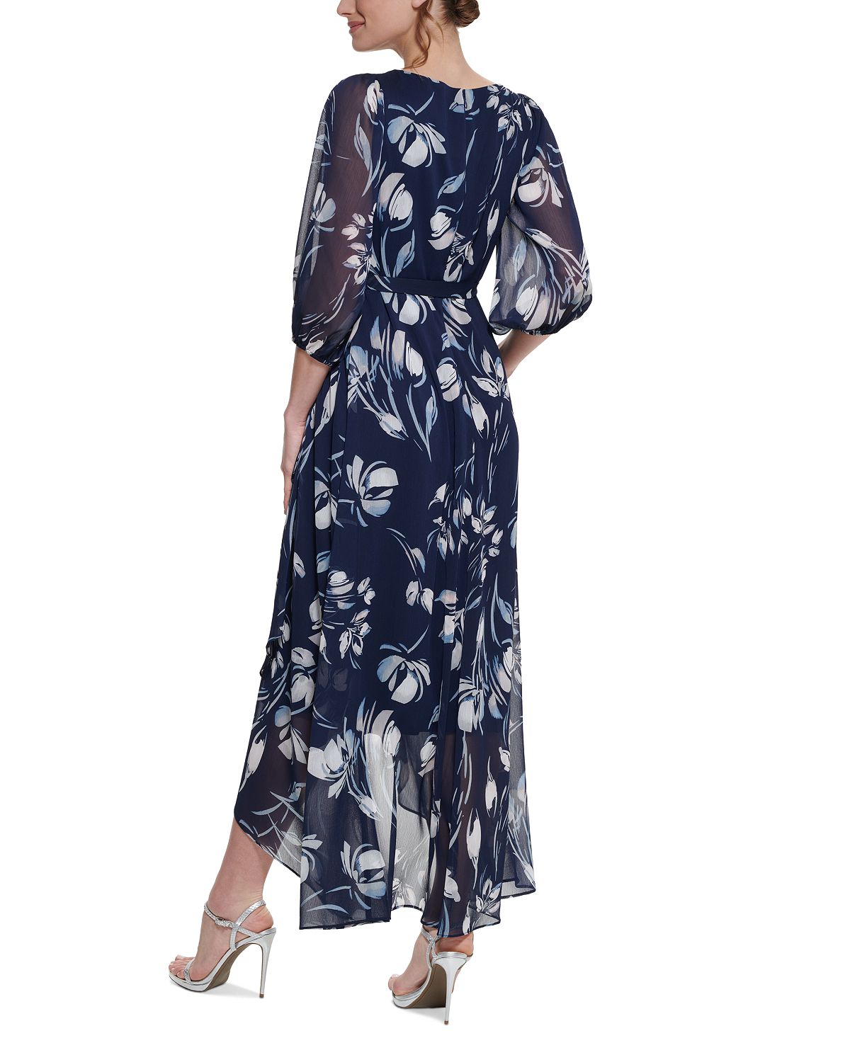 DKNY Women's Floral Print Faux Wrap Gown Blue Size 2