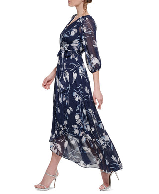 DKNY Women's Floral Print Faux Wrap Gown Blue Size 2