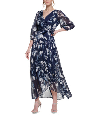 DKNY Women's Floral Print Faux Wrap Gown Blue Size 2