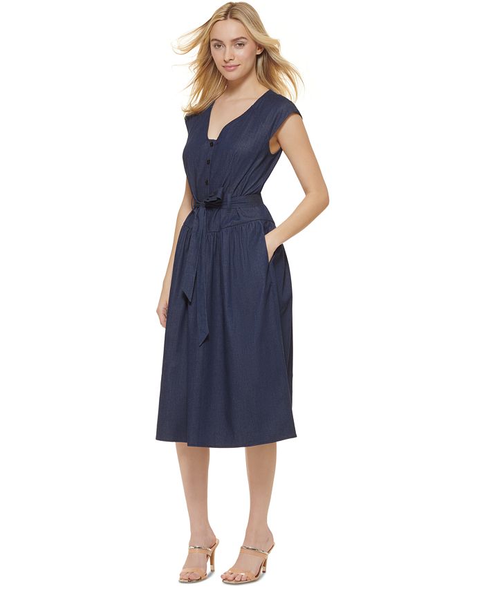 DKNY Women's Denim Cap Sleeve Tie Waist Midi Dress Blue Size 6