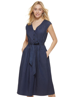 DKNY Women's Denim Cap Sleeve Tie Waist Midi Dress Blue Size 6