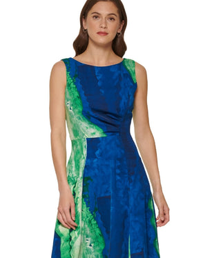DKNY Women's Printed Side Ruched Midi Dress Green Size 16