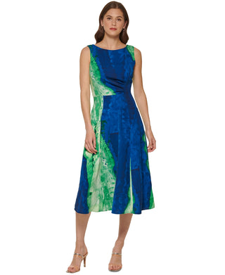 DKNY Women's Printed Side Ruched Midi Dress Green Size 16