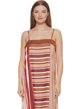 DKNY Women's Mixed Stripe Asymmetric Slipdress Brown Size Small