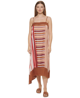 DKNY Women's Mixed Stripe Asymmetric Slipdress Brown Size Small