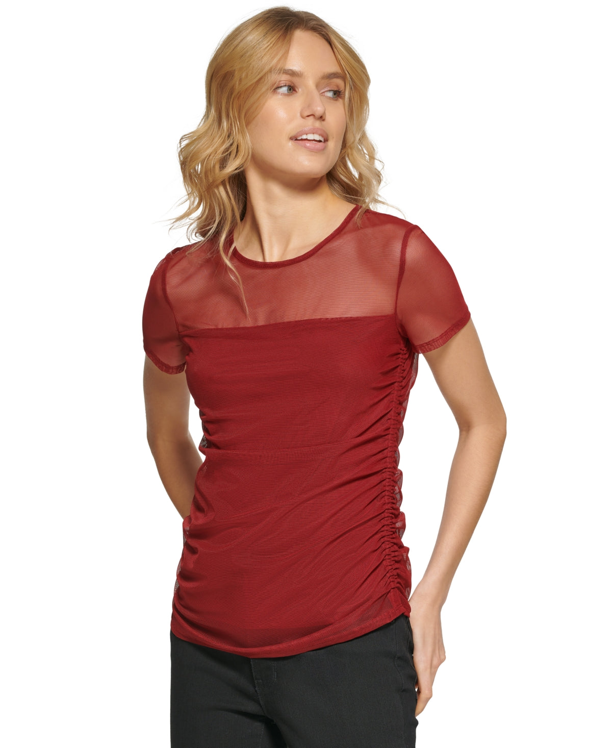DKNY Women's Sheer Yoke Mesh Top Purple