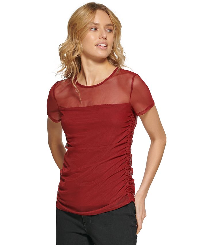DKNY Women's Sheer Yoke Mesh Top Purple