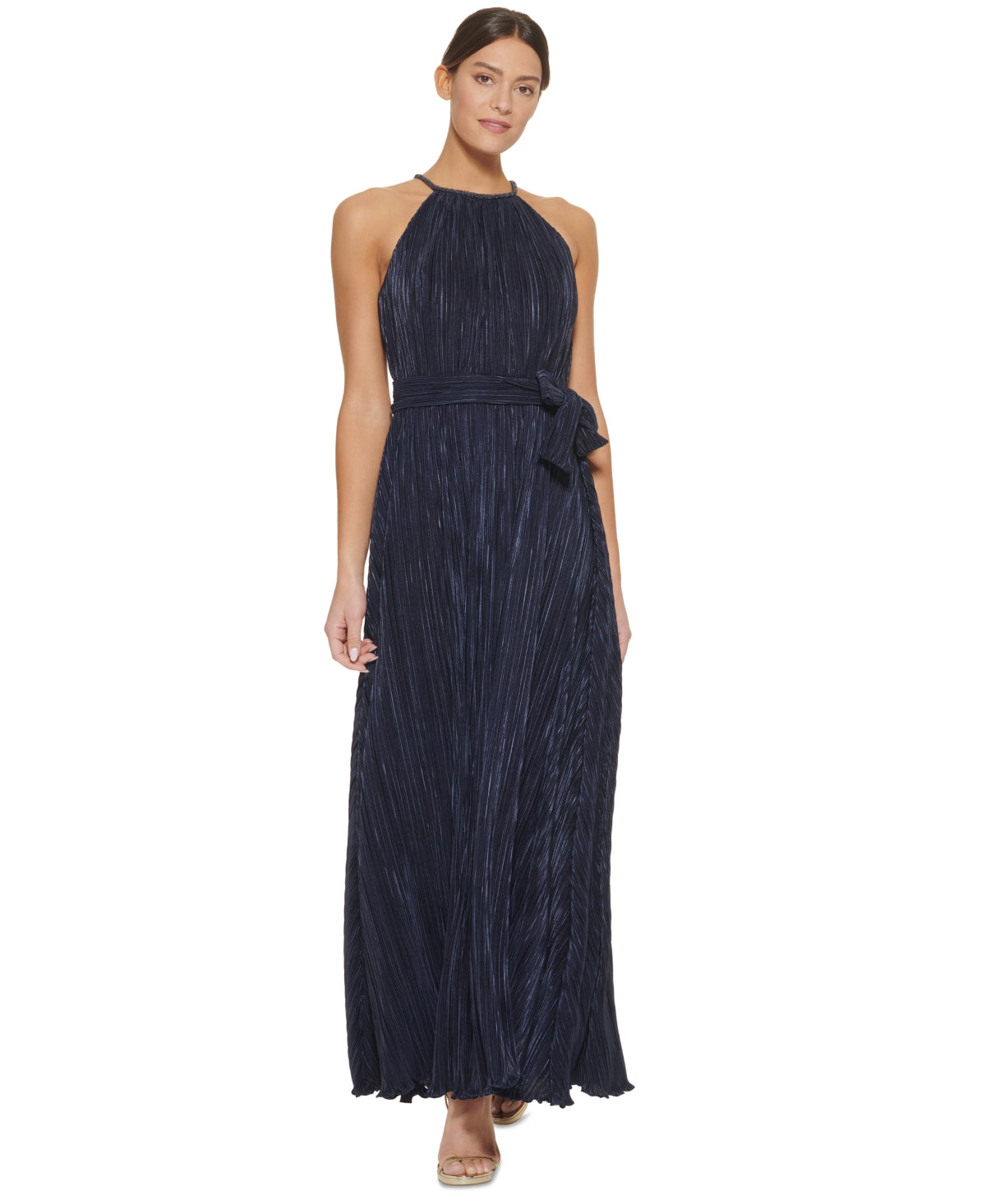 DKNY Women's Embellished Trim Pleated Halter Gown Blue Size 16