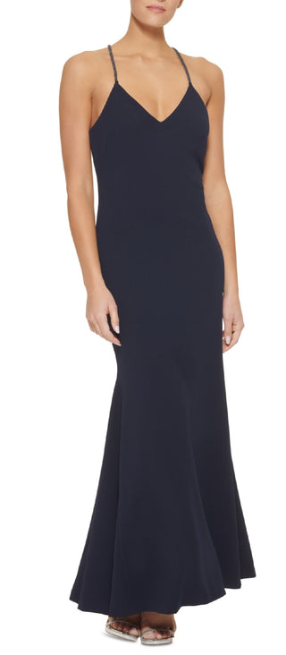 DKNY Women's V Neck Mermaid Gown Blue Size 14