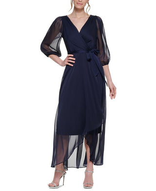 DKNY Women's Balloon Sleeve Faux Wrap Gown Blue Size 10
