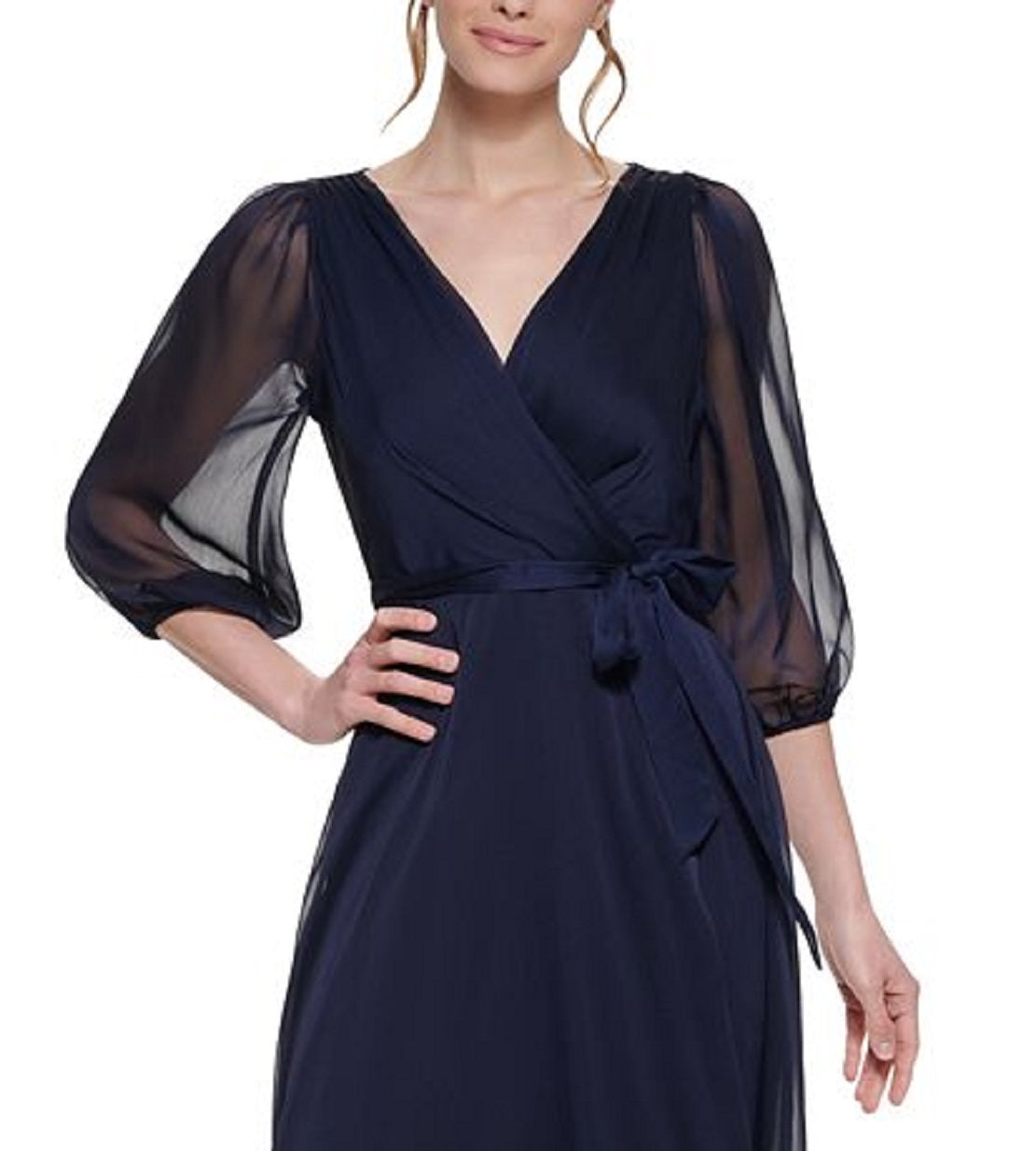 DKNY Women's Balloon Sleeve Faux Wrap Gown Blue Size 10