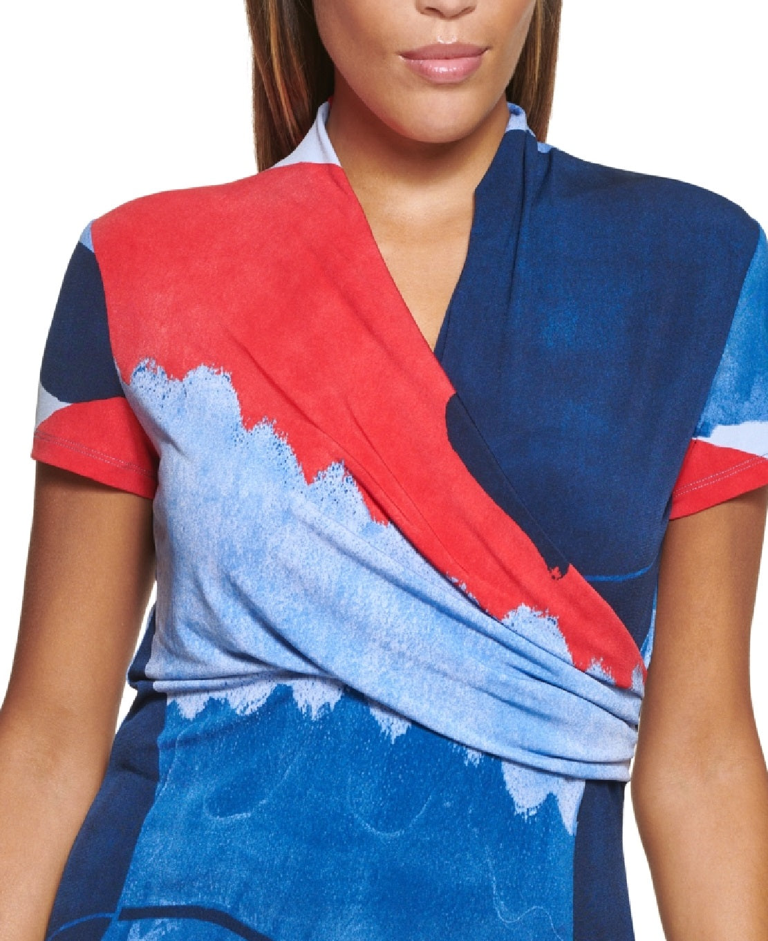 DKNY Women's Printed Wrap Front Top Blue Size Large