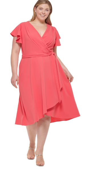 DKNY Women's Ruffled Sleeve Faux Wrap Dress Red Size 16W