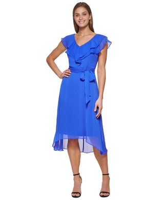 DKNY Women's Ruffled Belted Midi Dress Purple Size 12