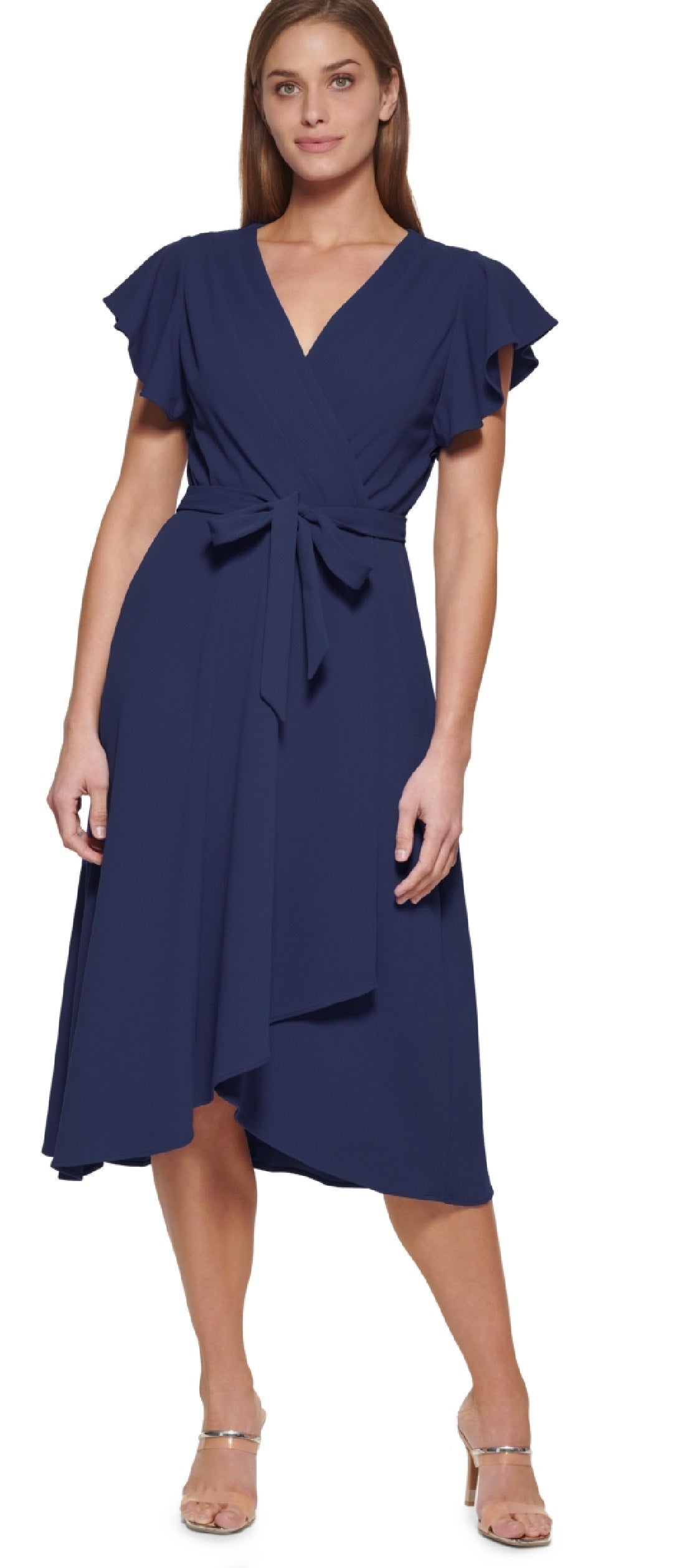 DKNY Women's Flutter Sleeve Faux Wrap Dress Blue Size 10