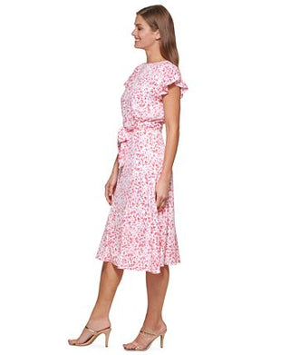 DKNY Women's Abstract Print Belted Midi Dress Pink Size 8