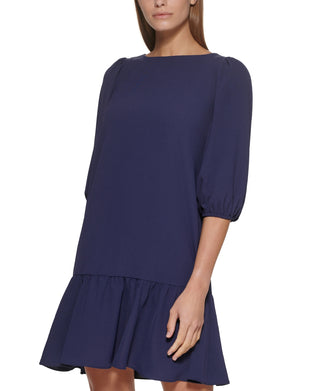 DKNY Women's Ruffled Hem Elbow Sleeve Dress Blue Size 16