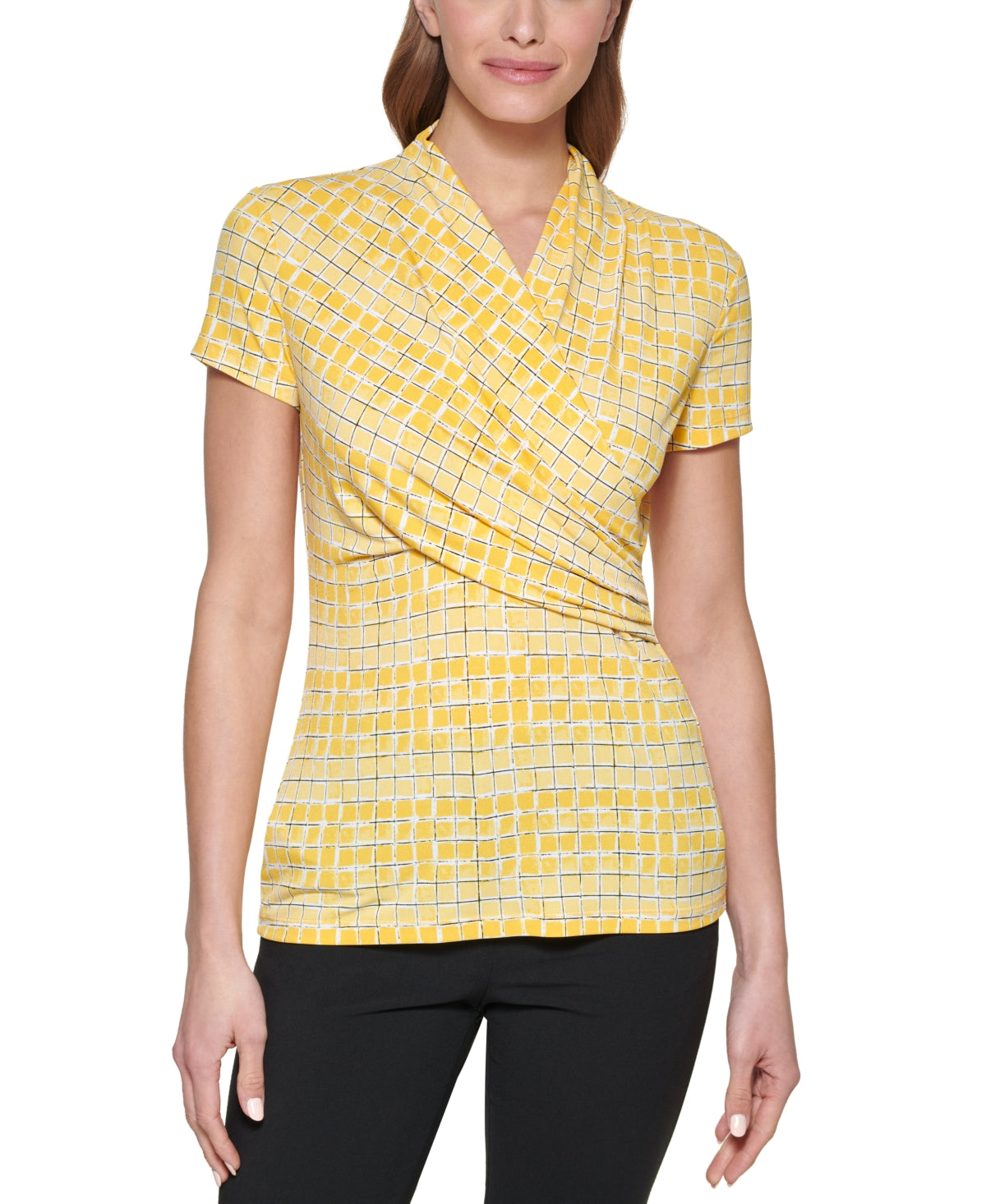 DKNY Women's Printed Wrap Top Yellow Size Large