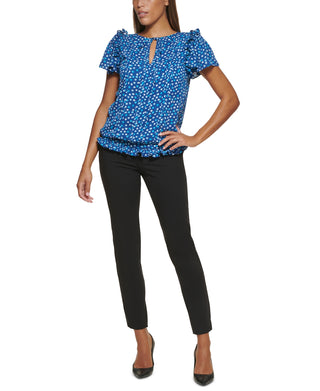 DKNY Women's Dot Print Flutter Sleeve Top Blue Size XX-Large