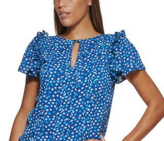 DKNY Women's Dot Print Flutter Sleeve Top Blue Size XX-Large