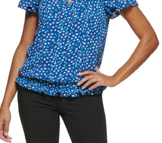 DKNY Women's Dot Print Flutter Sleeve Top Blue Size XX-Large