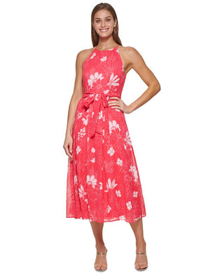 DKNY Women's Floral Print Clip Dot Midi Dress Pink Size 12