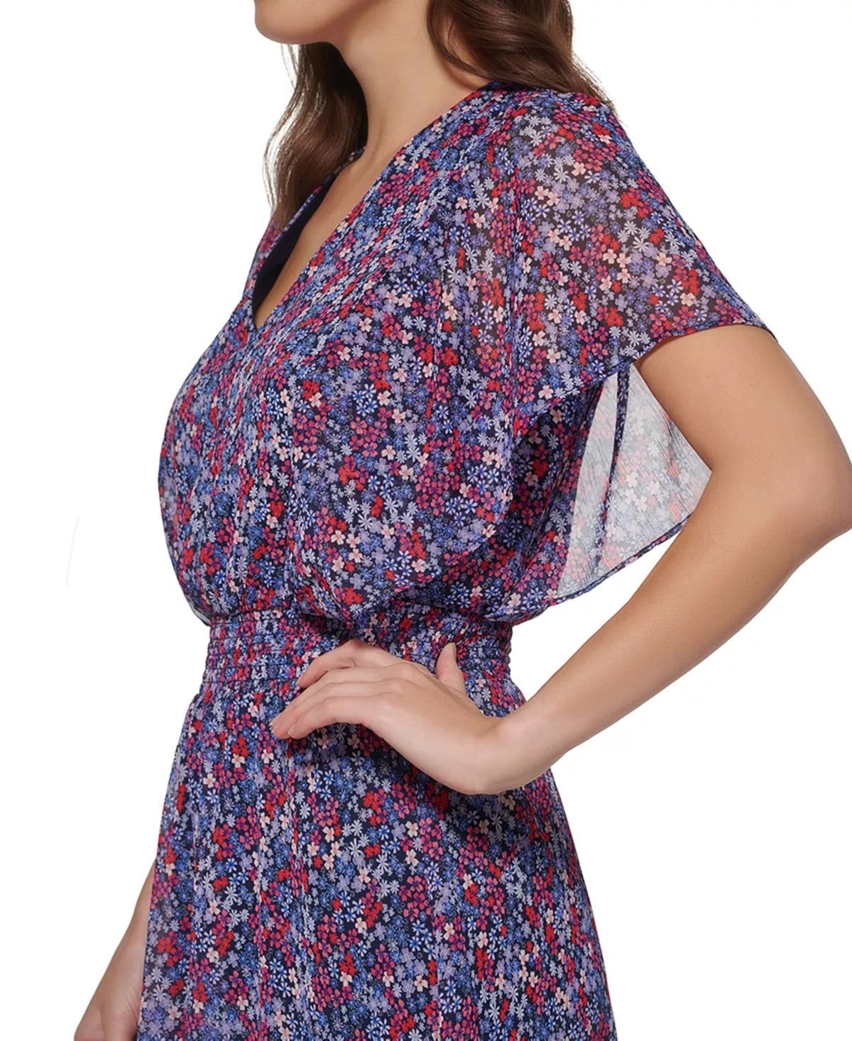 DKNY Women's Floral Print Smocked Midi Dress Purple Size 12