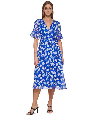 DKNY Women's Floral Print Ruffled Sleeve Faux Wrap Dress Purple Size 12