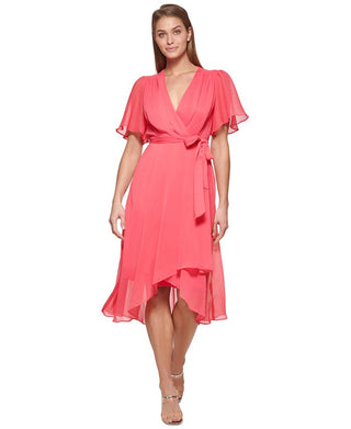DKNY Women's Flutter Sleeve Faux Wrap Dress Pink Size 2